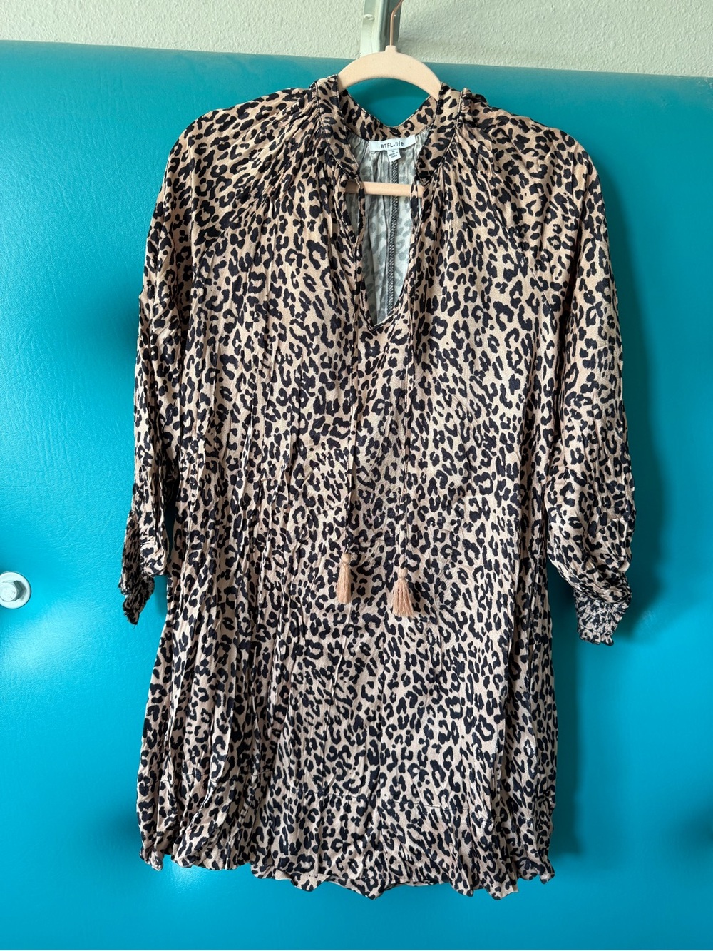 Women’s Leopard Print Tie-Neck Dress in Beige and Black